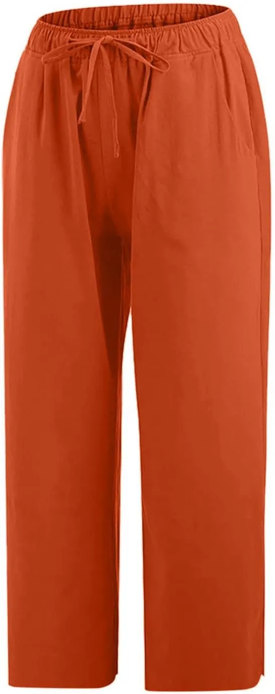 Women's Capri Pants Casual Summer Drawstring Waist Linen Pants with Pockets Lightweight Baggy Cropped Beach Trouser