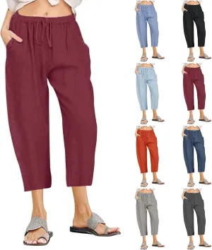 Women's Capri Pants Casual Summer Drawstring Waist Linen Pants with Pockets Lightweight Baggy Cropped Beach Trouser