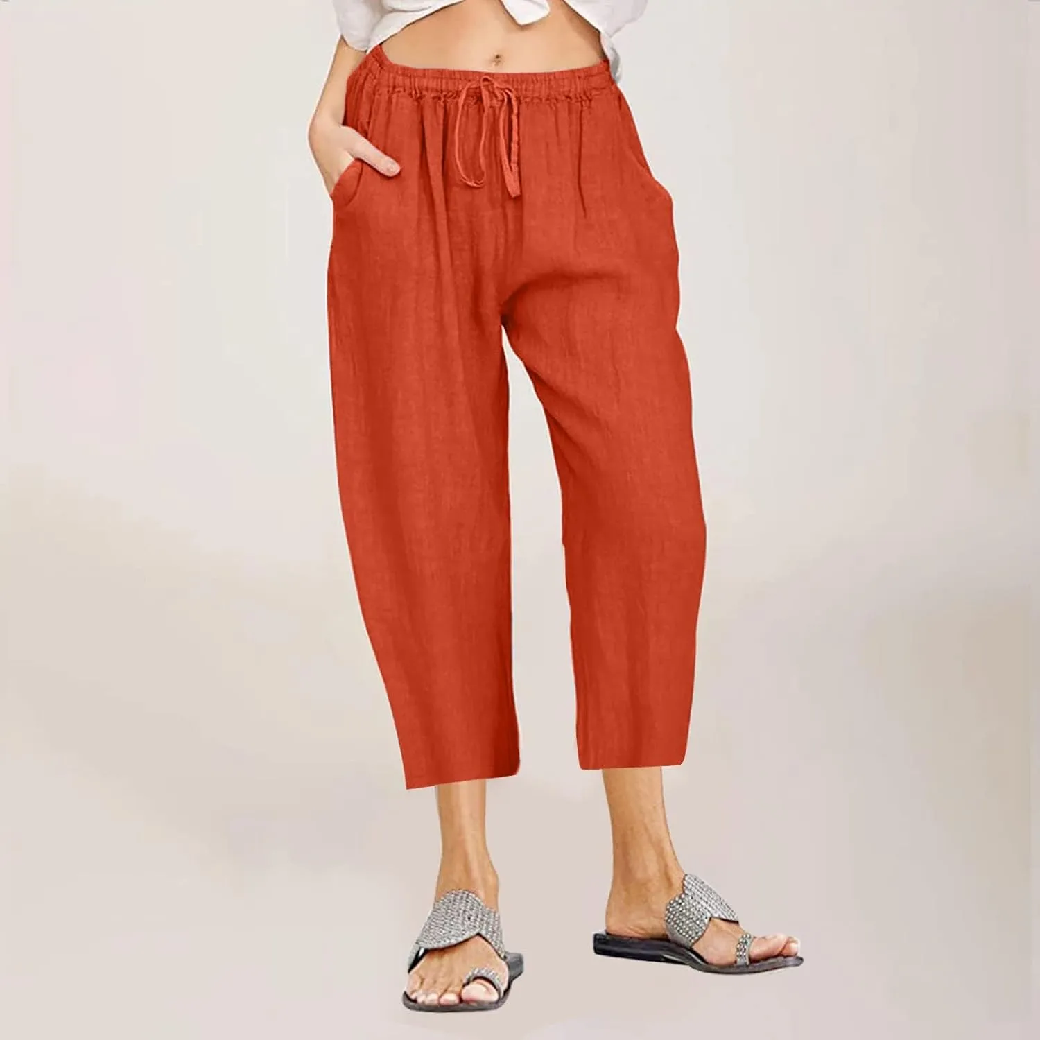 Women's Capri Pants Casual Summer Drawstring Waist Linen Pants with Pockets Lightweight Baggy Cropped Beach Trouser