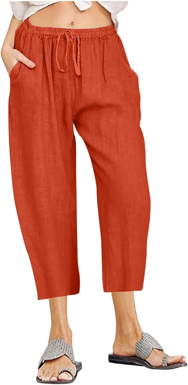 Women's Capri Pants Casual Summer Drawstring Waist Linen Pants with Pockets Lightweight Baggy Cropped Beach Trouser