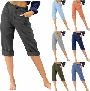 Womens Capris for Summer 2024 Casual High Waist Straight Leg Cotton Linen Pant Beach Vacation Cropped Lounge Trousers
