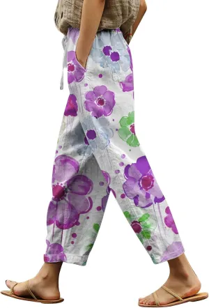 Womens Casual Cotton Linen Pants Drawstring Waist Cropped Trouser Loose Floral Print Summer Beach Pants with Pockets