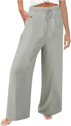 Womens Casual Cotton Linen Pants Trendy Drawstring Side Hollow Trousers Summer Vacation Lounge Travel Outfits 2025