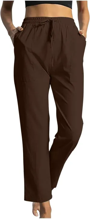 Womens Casual Cotton Pants Straight Leg Business Causal Slacks High Waist Drawstring Loose Fit Summer Beach Trousers