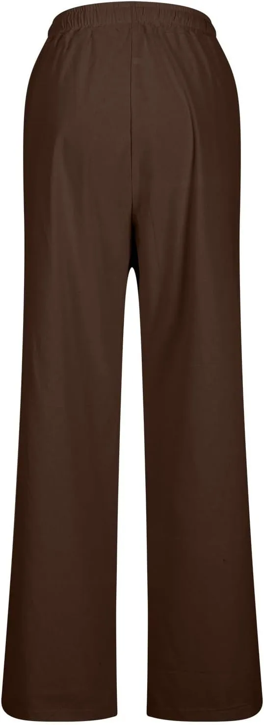 Womens Casual Cotton Pants Straight Leg Business Causal Slacks High Waist Drawstring Loose Fit Summer Beach Trousers