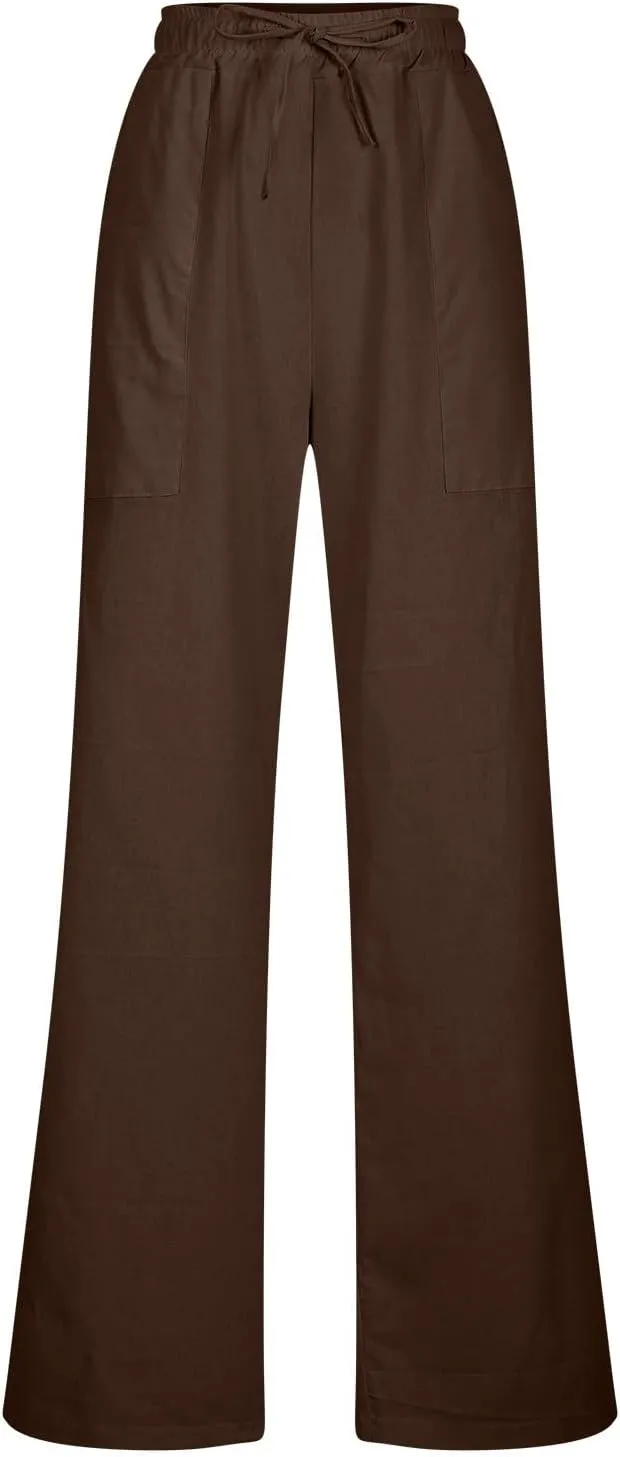 Womens Casual Cotton Pants Straight Leg Business Causal Slacks High Waist Drawstring Loose Fit Summer Beach Trousers