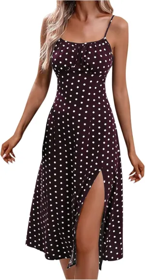 Women's Casual Dresses 2025 Summer Split Hem Boho Vacation Mini Dress Trendy Sleeveless Spaghetti Straps Sundress
