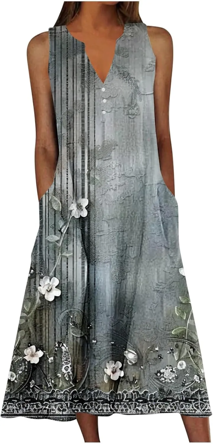 Womens Casual Floral Print Midi Dress Button V Neck Sleeveless Tank Dresses Summer Flowy Boho Beach Party Sundress