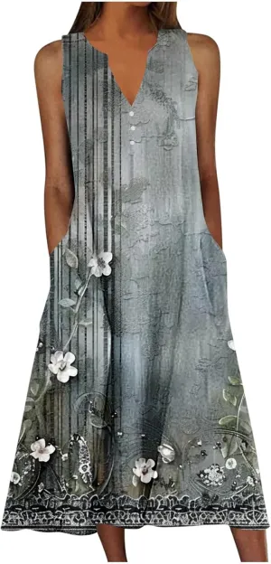Womens Casual Floral Print Midi Dress Button V Neck Sleeveless Tank Dresses Summer Flowy Boho Beach Party Sundress