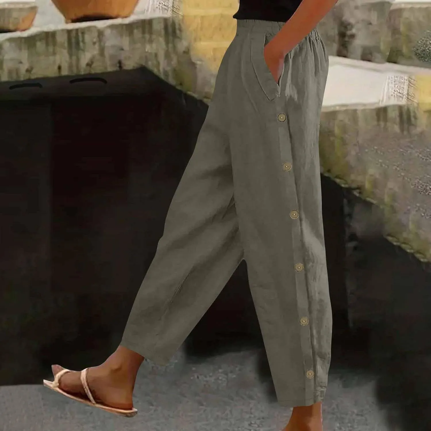 Womens Casual Linen Pants High Waist Pants Summer Boho Beach Pants Lounge Pant Trousers with Pockets Vacation Outfits