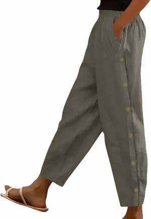 Womens Casual Linen Pants High Waist Pants Summer Boho Beach Pants Lounge Pant Trousers with Pockets Vacation Outfits
