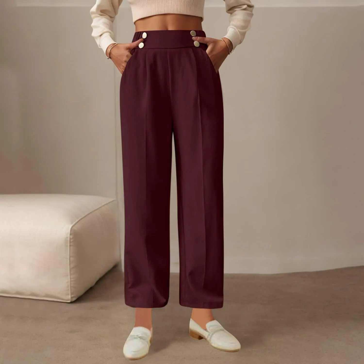Women's Casual Linen Pants Summer Wide Leg Slacks Straight Leg Work Pants Elastic Waist Button Trousers with Pockets