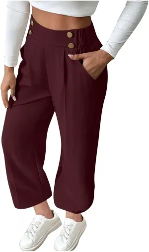 Women's Casual Linen Pants Summer Wide Leg Slacks Straight Leg Work Pants Elastic Waist Button Trousers with Pockets