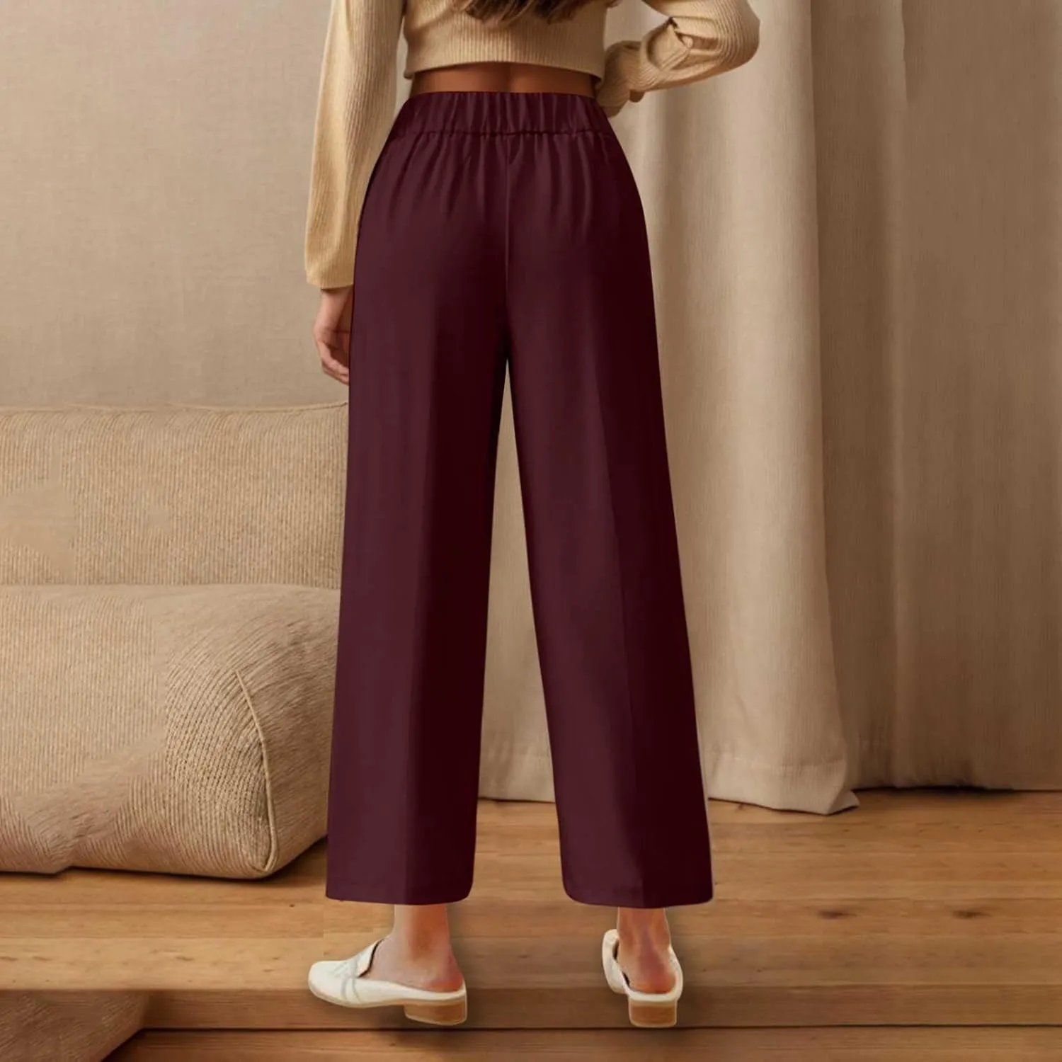 Women's Casual Linen Pants Summer Wide Leg Slacks Straight Leg Work Pants Elastic Waist Button Trousers with Pockets