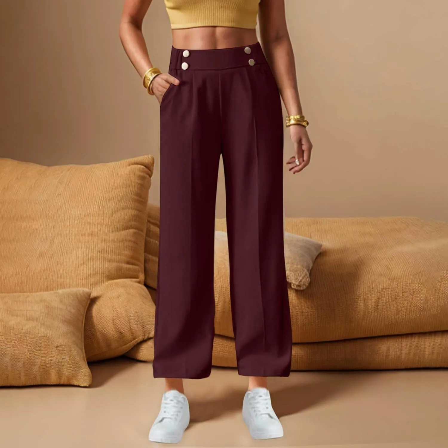 Women's Casual Linen Pants Summer Wide Leg Slacks Straight Leg Work Pants Elastic Waist Button Trousers with Pockets