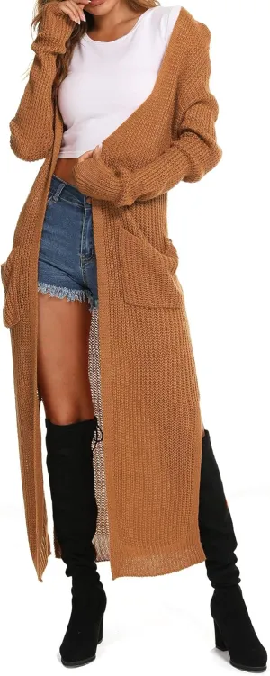 Womens Casual Long Sleeve Split Open Cardigan Knit Long Cardigan Sweaters with Pockets Fall Fashion 2024