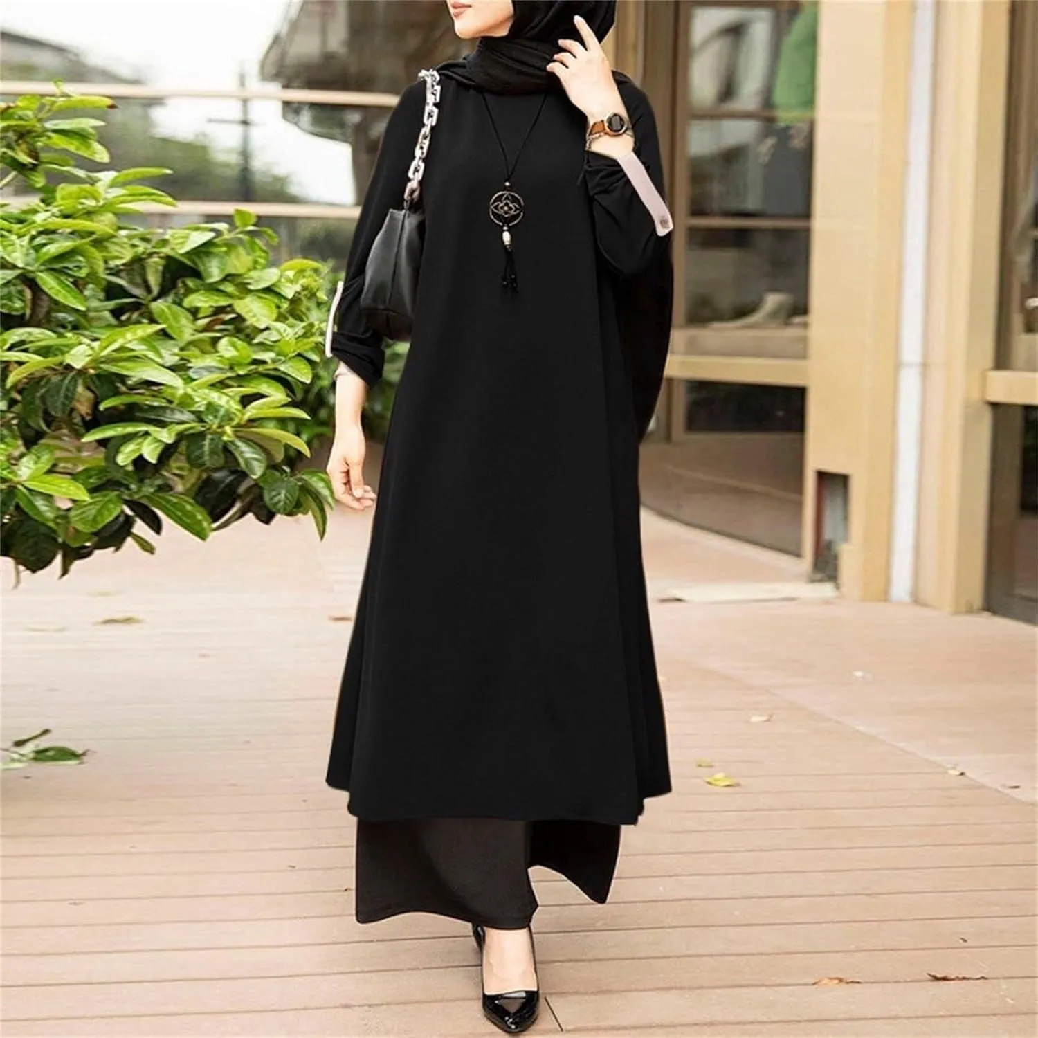 Womens Casual Maxi Dress Chiffon Long Sleeve Mock Neck Robe Abaya Muslim Ramadan Dress Flowy Islamic Evening Gown