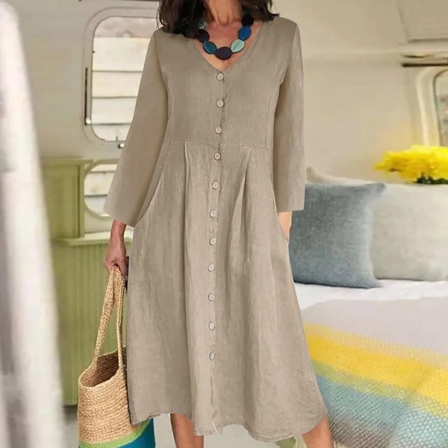 Women's Casual V Neck Button Down Cotton Linen Dress Long Sleeve Midi Length Loose Summer Beach Dresses with Pockets
