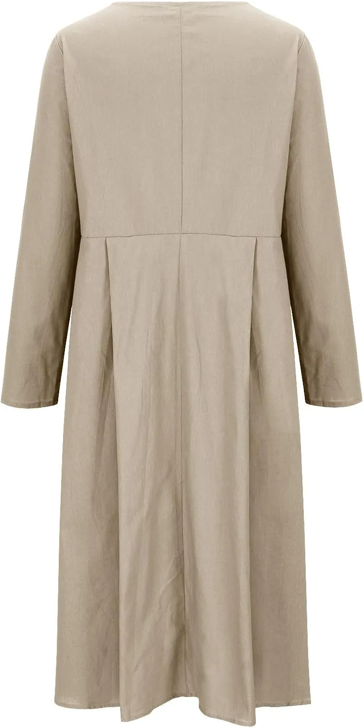 Women's Casual V Neck Button Down Cotton Linen Dress Long Sleeve Midi Length Loose Summer Beach Dresses with Pockets