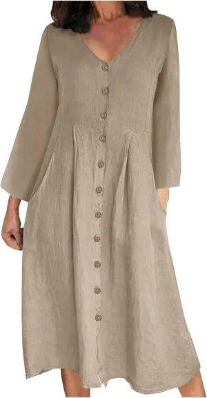 Women's Casual V Neck Button Down Cotton Linen Dress Long Sleeve Midi Length Loose Summer Beach Dresses with Pockets