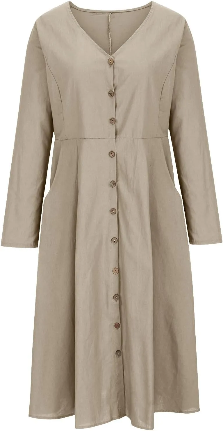 Women's Casual V Neck Button Down Cotton Linen Dress Long Sleeve Midi Length Loose Summer Beach Dresses with Pockets