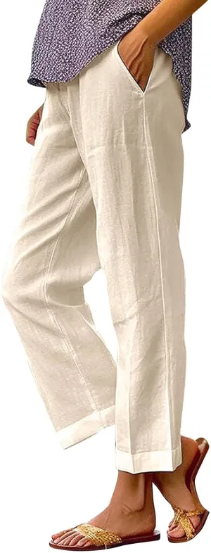 Womens Cotton Linen Capris Pants Elastic Loose Cropped Waist Drawstring Summer Trousers Beach Travel Boho