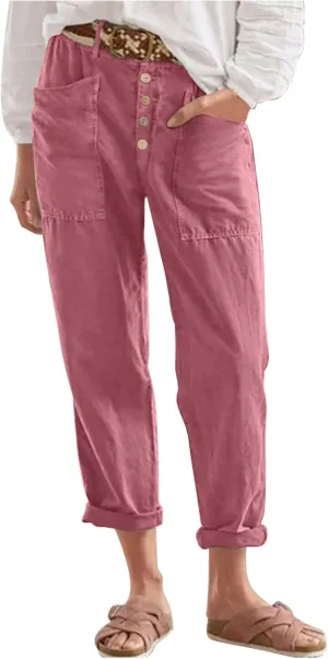 Women's Cotton Linen Cropped Pants, Button Waist Loose Straight Leg Trousers Summer Office Casual Clothes with Pockets