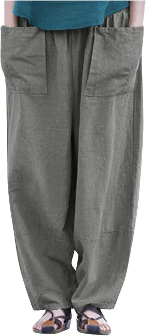 Womens Cotton Linen Harem Pants Casual Loose Fit High Waisted Pants Jogger Trousers Lounge Bottoms Slacks with Pockets