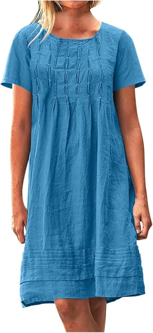 Women's Cotton Linen Midi Dress Plus Size Cap Sleeve Pleated Summer Dresses Vacation 2025 Crew Neck Casual Sundress Fashion