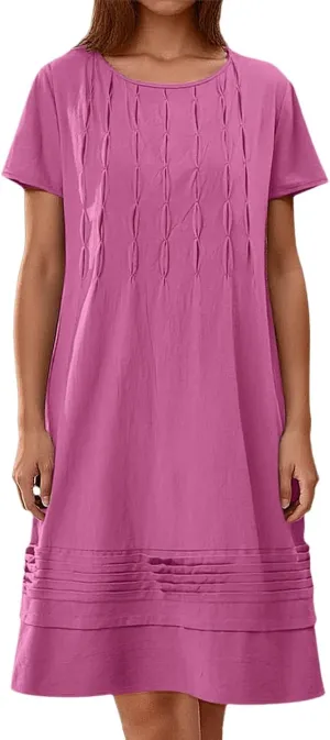 Women's Cotton Linen Midi Dress Vintage Cap Sleeve Pleated Summer Dresses Crew Neck Casual Sundress Vacation Outfits