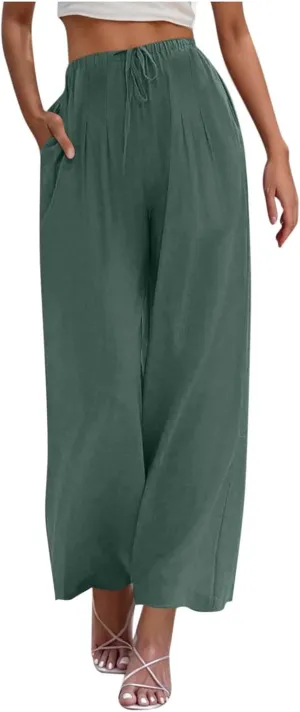 Womens Cotton Linen Palazzo Pants Drawstring Elastic High Waist Casual Wide Leg Trousers Summer Bech Slacks