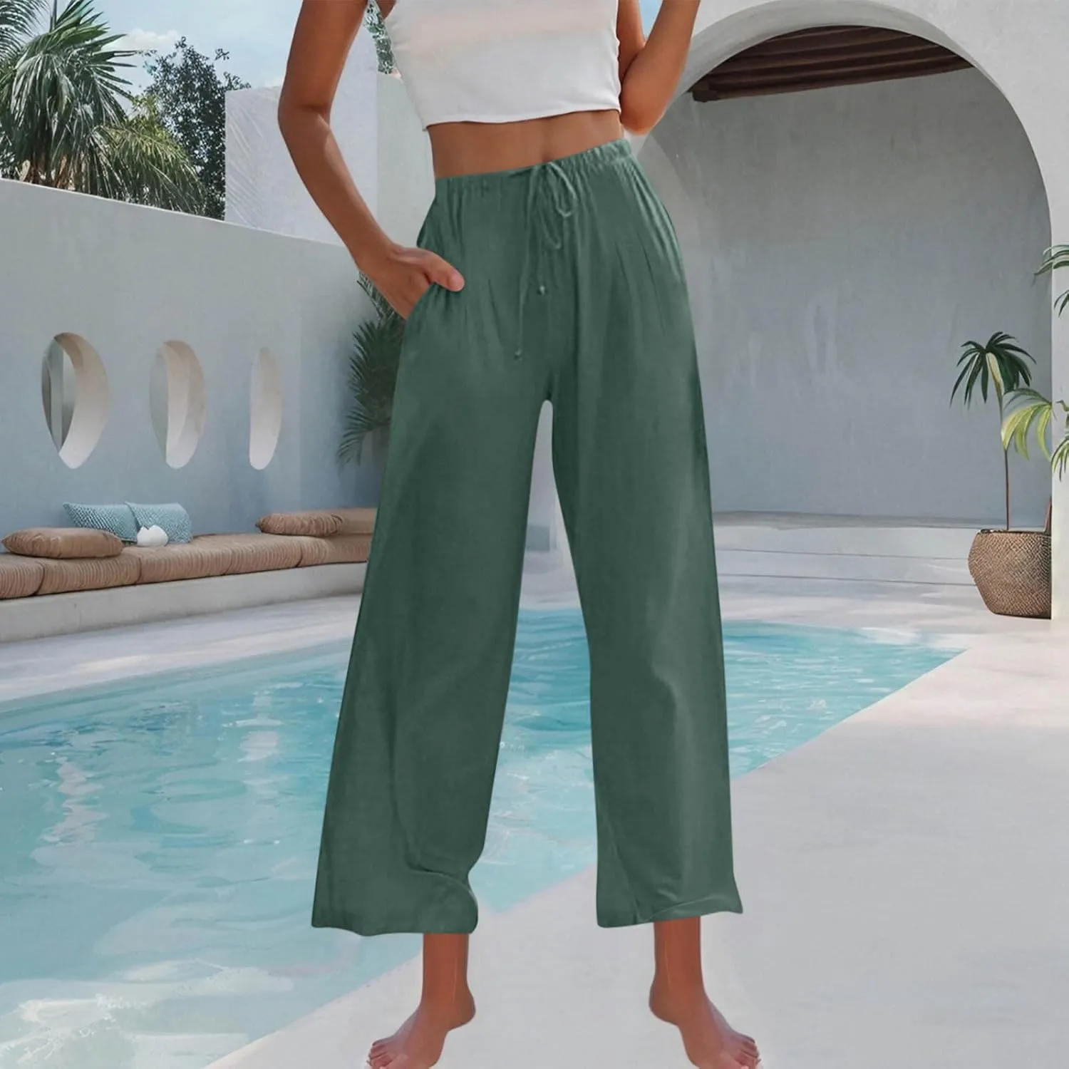 Womens Cotton Linen Palazzo Pants Drawstring Elastic High Waist Casual Wide Leg Trousers Summer Bech Slacks