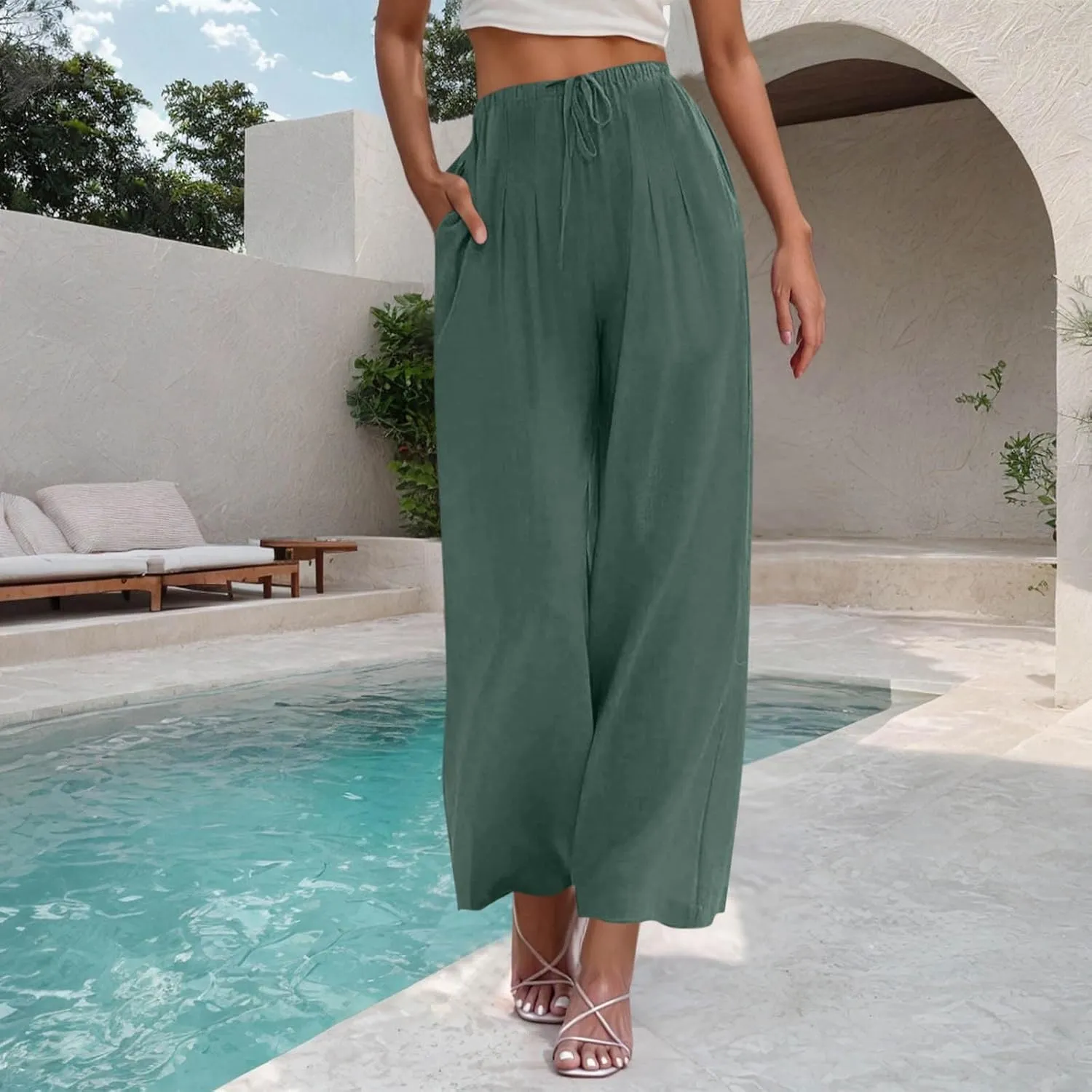 Womens Cotton Linen Palazzo Pants Drawstring Elastic High Waist Casual Wide Leg Trousers Summer Bech Slacks