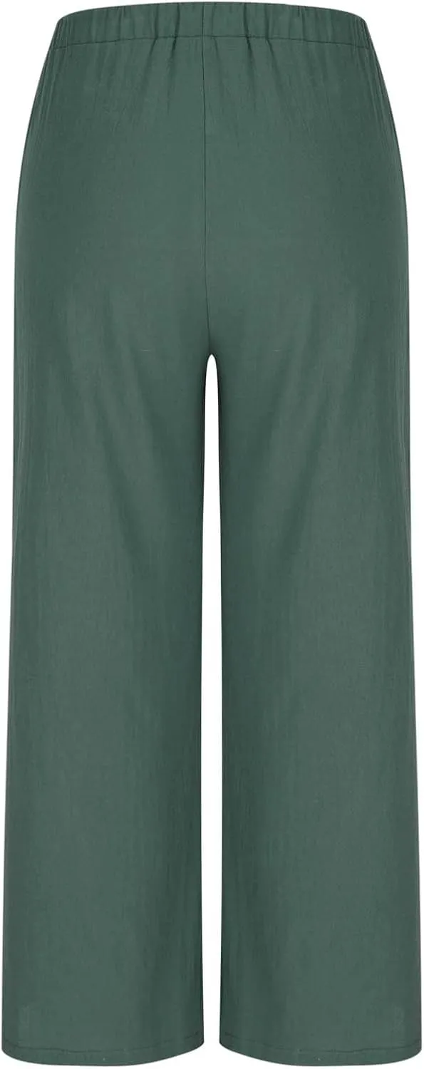 Womens Cotton Linen Palazzo Pants Drawstring Elastic High Waist Casual Wide Leg Trousers Summer Bech Slacks