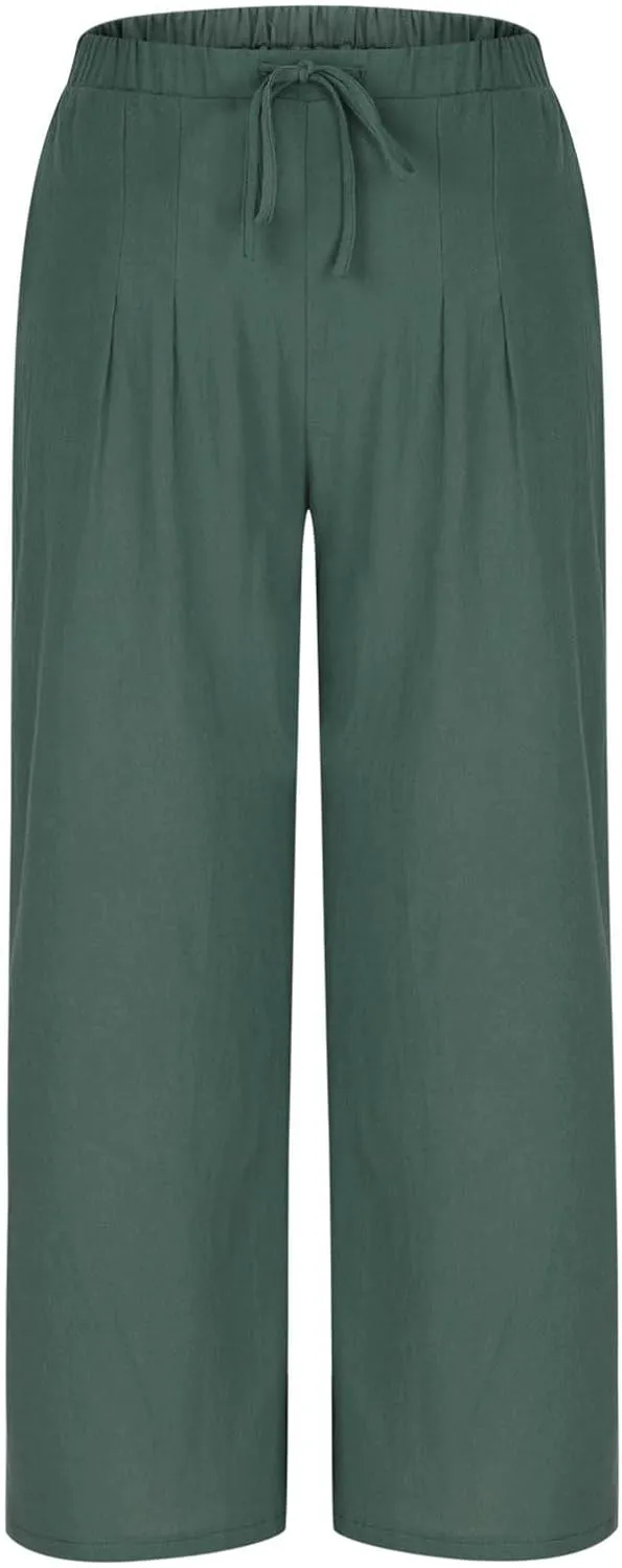 Womens Cotton Linen Palazzo Pants Drawstring Elastic High Waist Casual Wide Leg Trousers Summer Bech Slacks