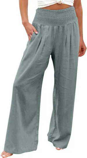Womens Cotton Linen Palazzo Pants Loose Elastic High Waist Trousers Wide Leg Beach Pant Solid Vacation Casual Outfits