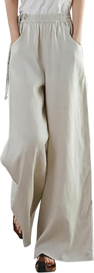 Women's Cotton Linen Palazzo Pants Trendy Wide Leg Pants High Waisted Boho Pants Summer Beach Outfits with Pockets