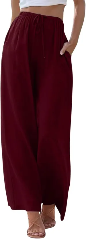 Womens Cotton Linen Palazzo Pants Wide Leg Lightweight Casual Flowy Trousers Summer Beach Vacation Boho Baggy Slacks