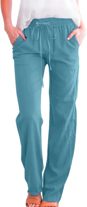 Womens Cotton Linen Pants Casual Lightweight Summer Relax Fit Elastic Waist Plus Size Solid Lounge Long Trousers
