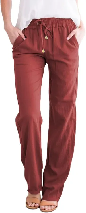 Women's Cotton Linen Pants Palazzo Summer Wide Leg 2024 Casual Loose Drawstring High Waist Beach Pants Trousers