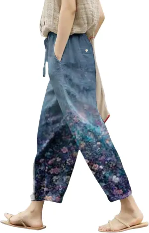 Women's Cotton Linen Pants Summer Casual Loose Boho Floral Elastic High Waisted Wide Leg Beach Trousers with Pockets