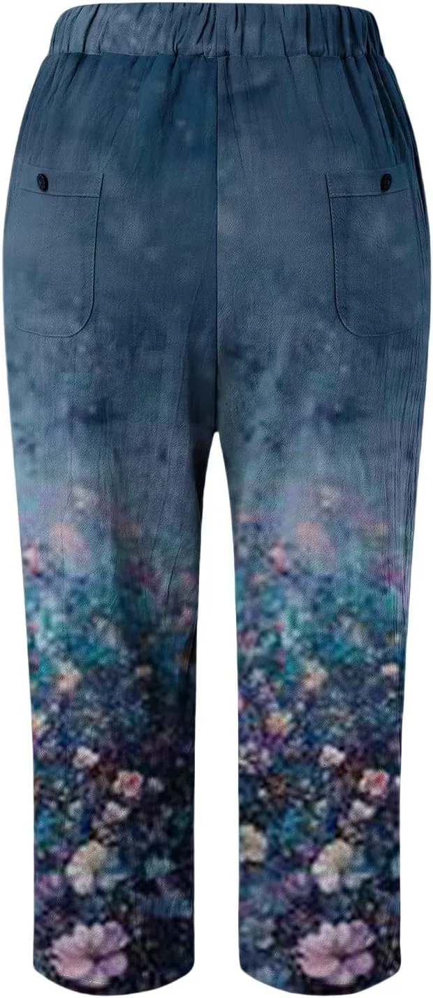 Women's Cotton Linen Pants Summer Casual Loose Boho Floral Elastic High Waisted Wide Leg Beach Trousers with Pockets