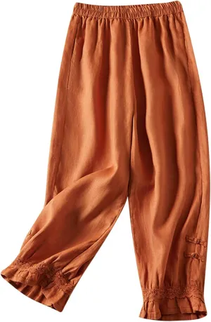 Womens Cotton Linen Pants Vintage Embroidery Elastic Waist Solid Color Casual Pants Ruffle Cropped Trousers Pockets