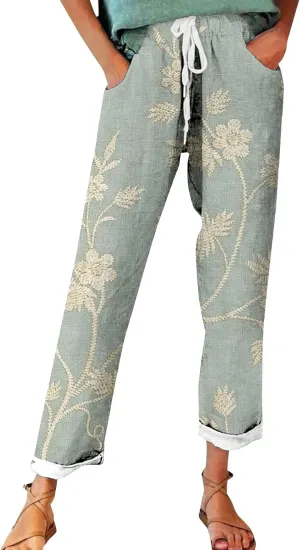 Women's Cotton Linen Pants Vintage Tropical Floral Print Elastic High Waist Drawstring Trousers Summer Beach Pants
