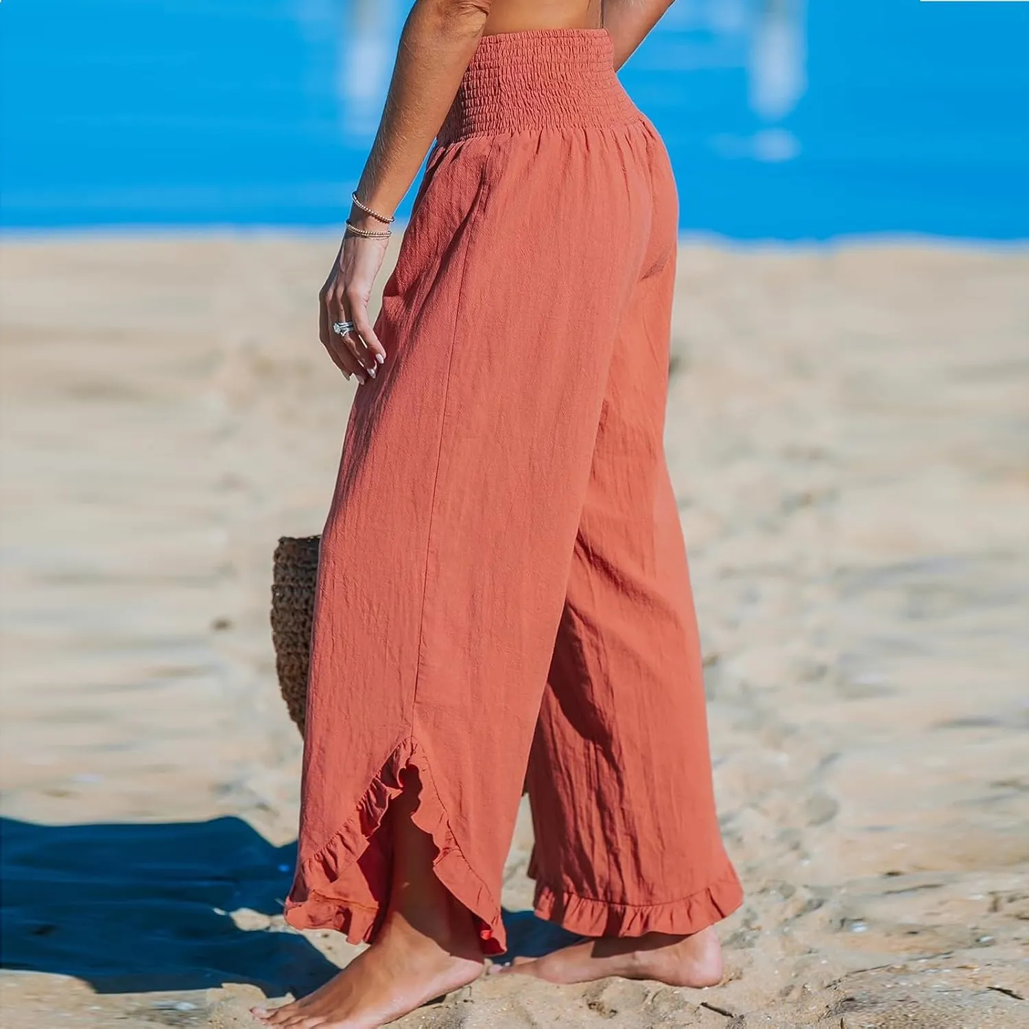 Women's Cotton Linen Pants,Summer Wide Leg Casual Elastic Drawstring High Waist Palazzo Pants with Pockets