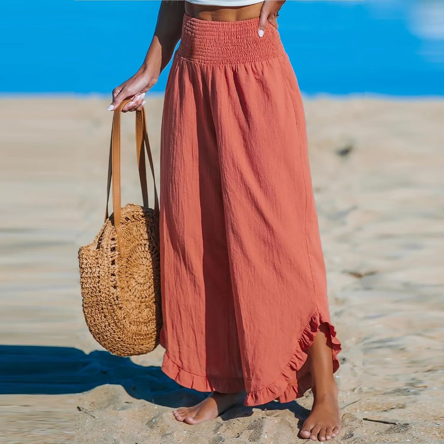 Women's Cotton Linen Pants,Summer Wide Leg Casual Elastic Drawstring High Waist Palazzo Pants with Pockets