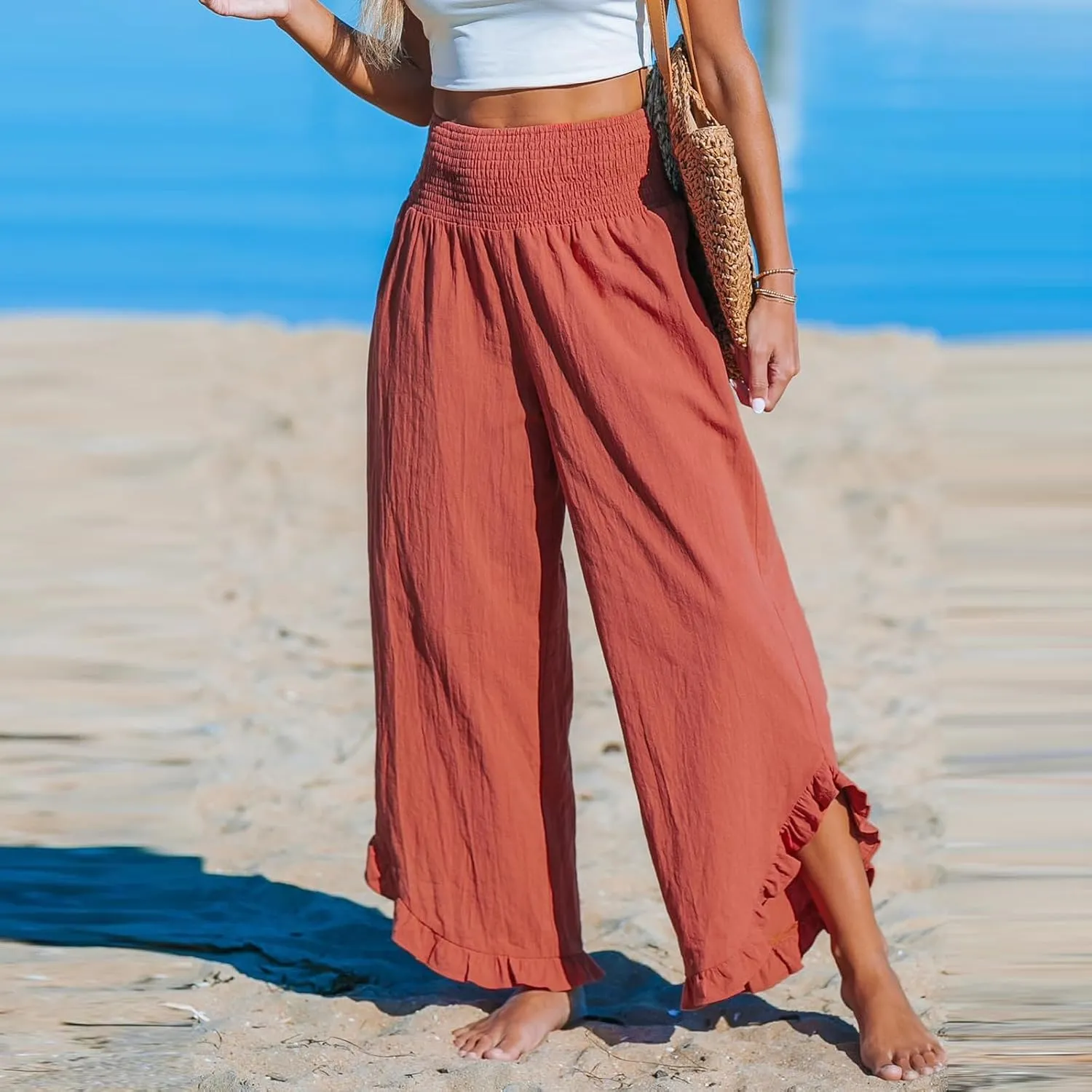 Women's Cotton Linen Pants,Summer Wide Leg Casual Elastic Drawstring High Waist Palazzo Pants with Pockets