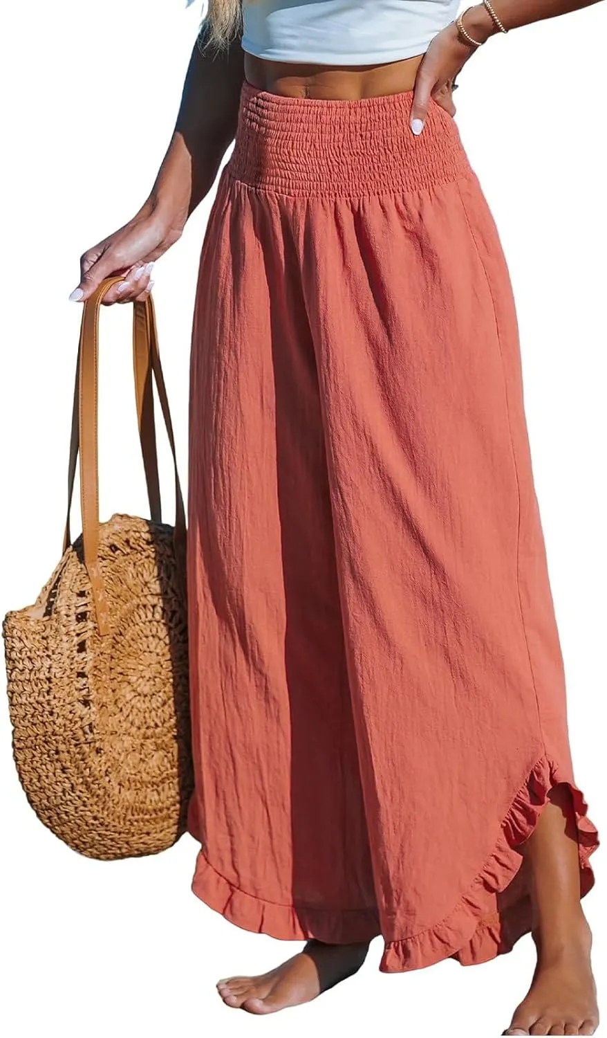Women's Cotton Linen Pants,Summer Wide Leg Casual Elastic Drawstring High Waist Palazzo Pants with Pockets