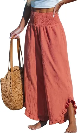Women's Cotton Linen Pants,Summer Wide Leg Casual Elastic Drawstring High Waist Palazzo Pants with Pockets