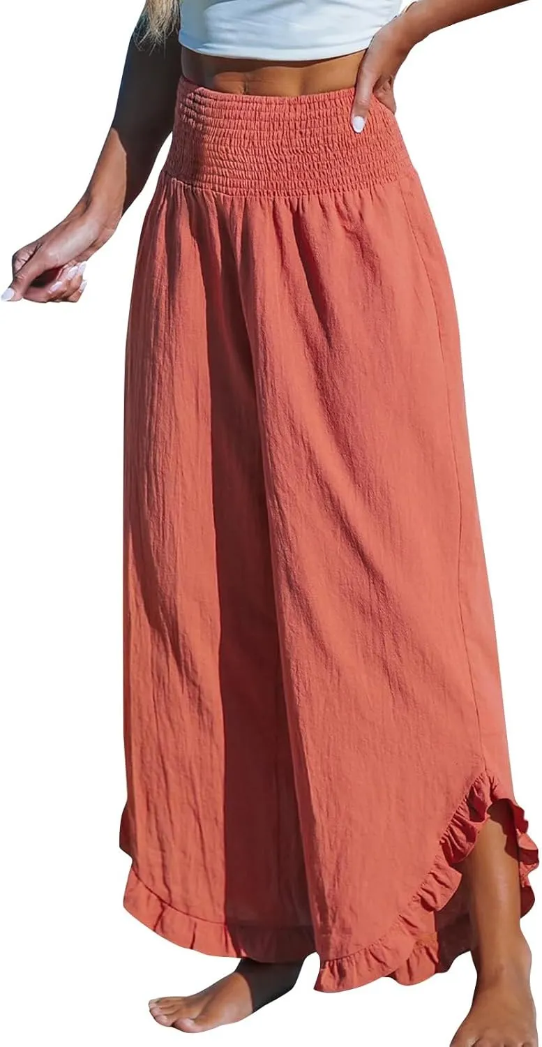 Women's Cotton Linen Pants,Summer Wide Leg Casual Elastic Drawstring High Waist Palazzo Pants with Pockets